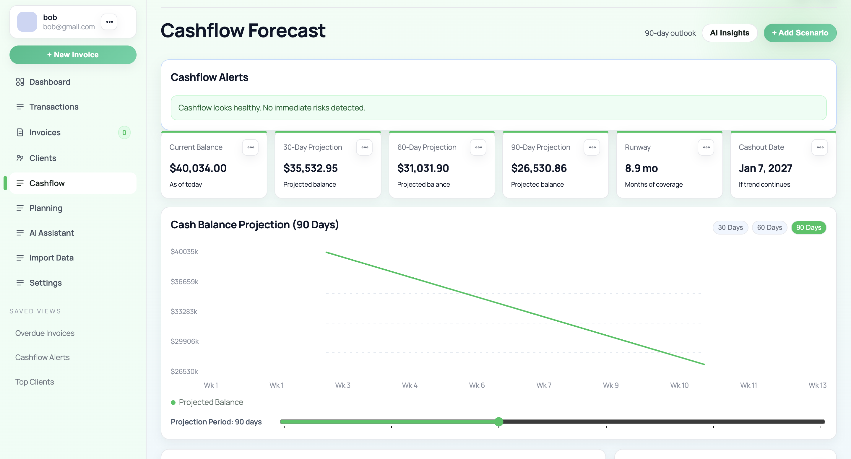 BudgetBoost cashflow forecast screen